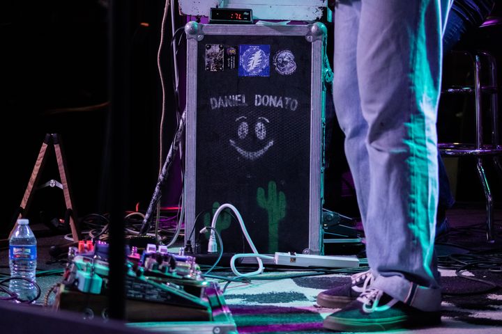 A picture of Daniel Donato's stage equipment on stage at The Handlebar in Pensacola, Florida on Apr. 25, 2023.